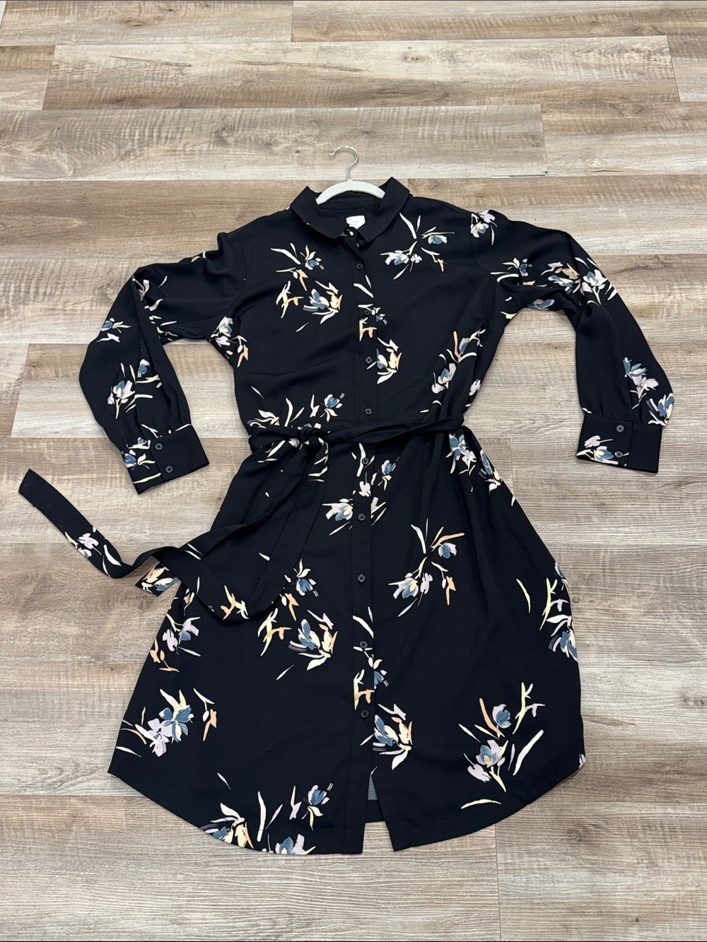 A New Day Women's Long Sleeve Collared Shirtdress black floral print button down